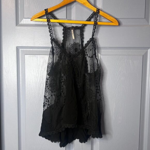 Poof NWOT Black Lace Sheer Aline Halter Boho Festival Gypsy Tank Top Size Small - Picture 9 of 9